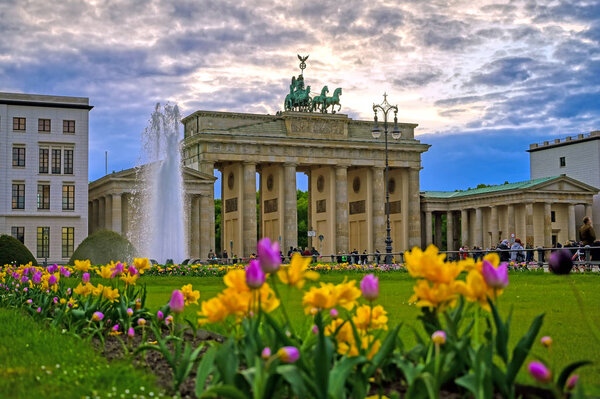 Berlin, Germany - May 3, 2019 - The Brandenburg Gate at sunset located in Pariser Platz in the city of Berlin, Germany.