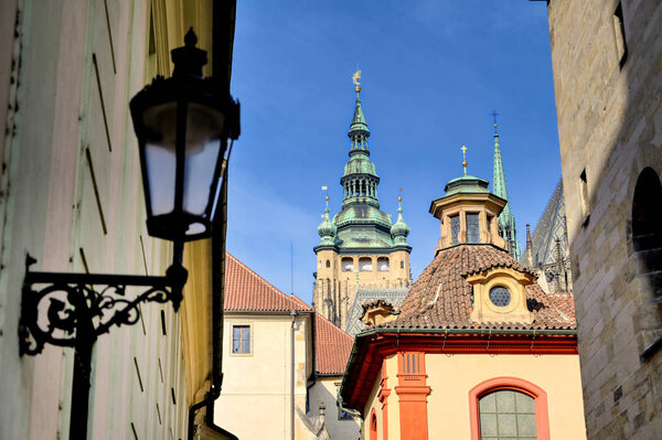 The buildings inside of the Prague Castle complex built in the 9th century in Prague, Czech Republic.