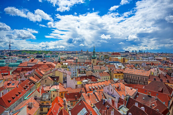 An aerial view of Prague, Czech Republic on a sunny day.
