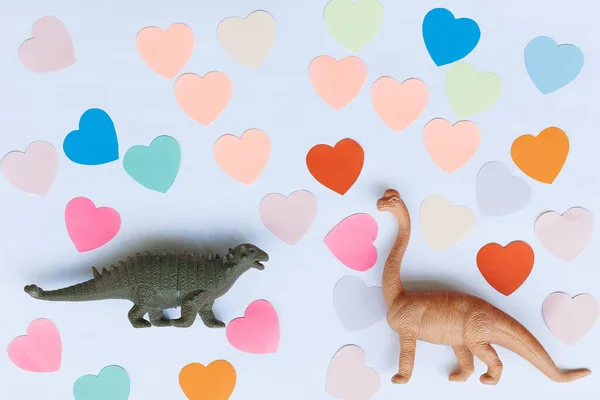 Zwei Dinosaurier Auf Dem Hintergrund Bunter Herzen Konzept Zum Valentinstag — Stockfoto