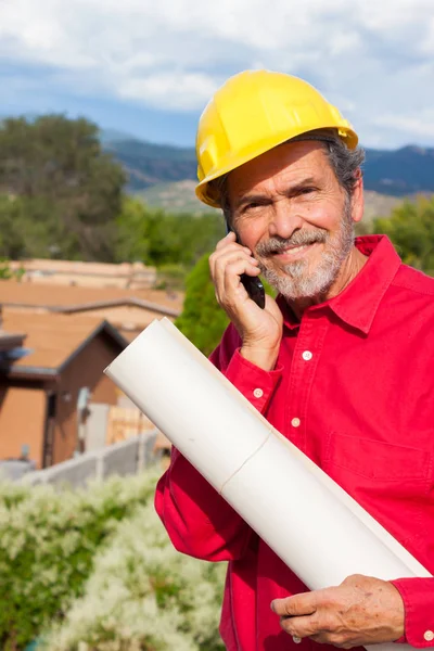 Arquitecto Contratista Con Retrato Sombrero Duro Amarillo — Foto de Stock