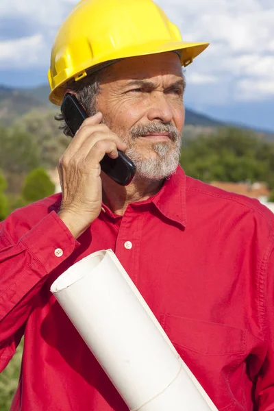 Architect Contractor Yellow Hard Hat Portrait — Stock Photo, Image