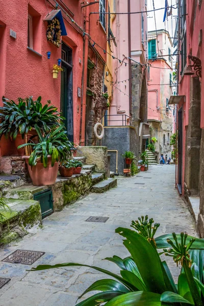 Pláž Ulice Barevné Domy Kopci Vernazza Cinque Terre Itálie — Stock fotografie