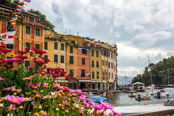 beach streets and colorful houses on the hill in Portofino in Liguria in Italy