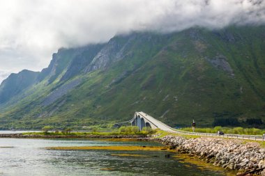 Lofoten Adaları Norveç fiyordu üzerinde köprü