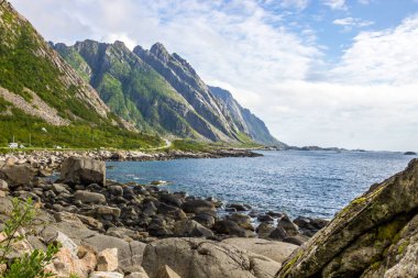 deniz ve dağ Lofoten Norveç'te içinde