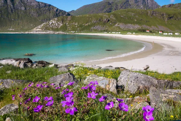 Haukland plaj ve Lofoten Norveç dağlarında