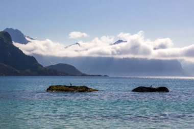Haukland plaj ve Lofoten Norveç dağlarında