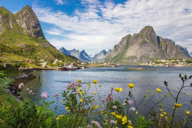 Reine liman Lofoten Norveç'te dağlarda üzerinde