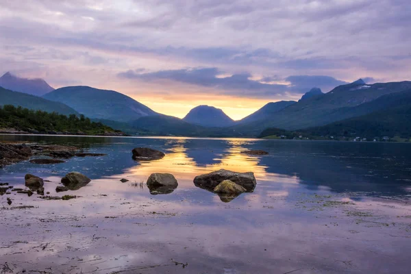 Coucher Soleil Coloré Sur Fjord Sur Île Senya Norvège — Photo