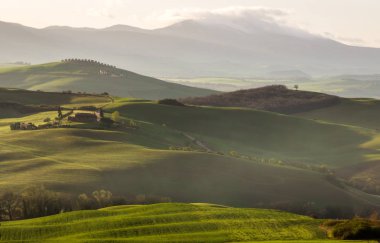 Toskana Val d'Orcia tepeler ve yeşil alanlar