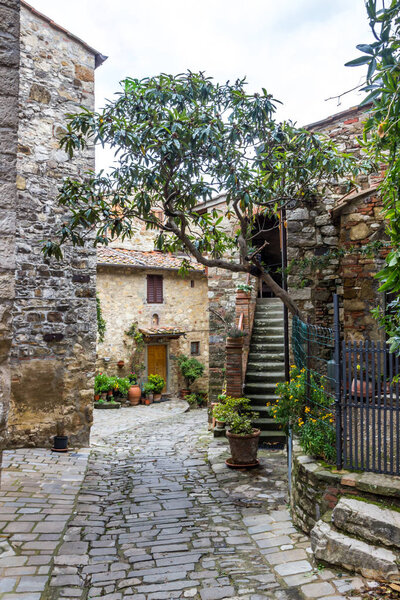 Streets and buildings in Montefioralle old village in Tuscany