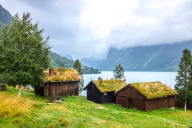 Norveç'te Lovatnet gölü üzerinde eski çiftlik