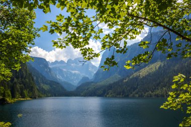 Avusturya Alplerindeki Vorderer Gosausee gölünde güneşli bir gün.