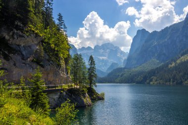 Avusturya Alplerindeki Vorderer Gosausee gölünde güneşli bir gün.