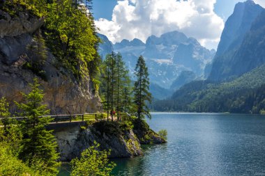 Avusturya Alplerindeki Vorderer Gosausee gölünde güneşli bir gün.