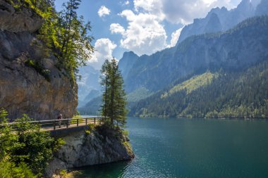 Avusturya Alplerindeki Vorderer Gosausee gölünde güneşli bir gün.