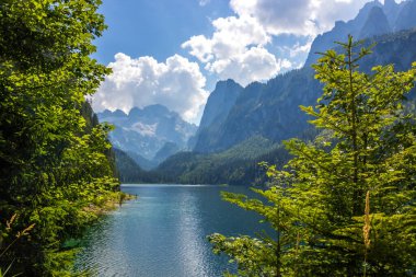 Avusturya Alplerindeki Vorderer Gosausee gölünde güneşli bir gün.