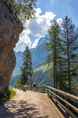 Avusturya Alplerindeki Vorderer Gosausee gölünde güneşli bir gün.
