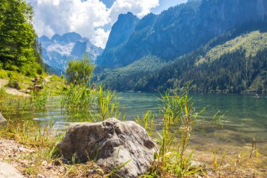 Avusturya Alplerindeki Vorderer Gosausee gölünde güneşli bir gün.