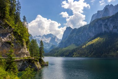Avusturya Alplerindeki Vorderer Gosausee gölünde güneşli bir gün.