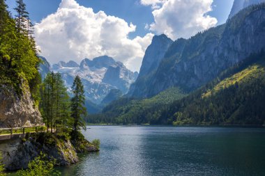 Avusturya Alplerindeki Vorderer Gosausee gölünde güneşli bir gün.