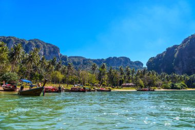 Uzun kuyruk tekne tropikal plaj ile avuç içi, Tonsai Bay, Railay Beach, Ao Nang, Krabi, Tayland