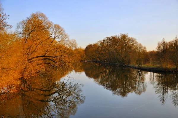 Sjön Med Röd Träd Utan Blad Våren Aue Park Fulda — Stockfoto