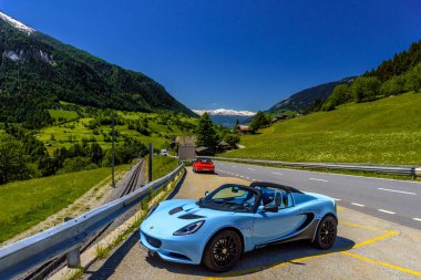FILET, SWITZERLAND - APR 2017: Blue Lotus Elise in Swiss Alps, Moerel, Filet, Oestlich Raron, Wallis Valais Switzerland