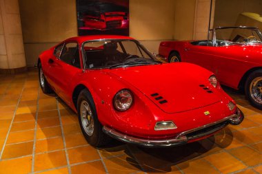 FONTVIEILLE, MONACO - JUN 2017: red FERRARI 246 GT DINO 1973 in Monaco Top Cars Collection Museum. clipart