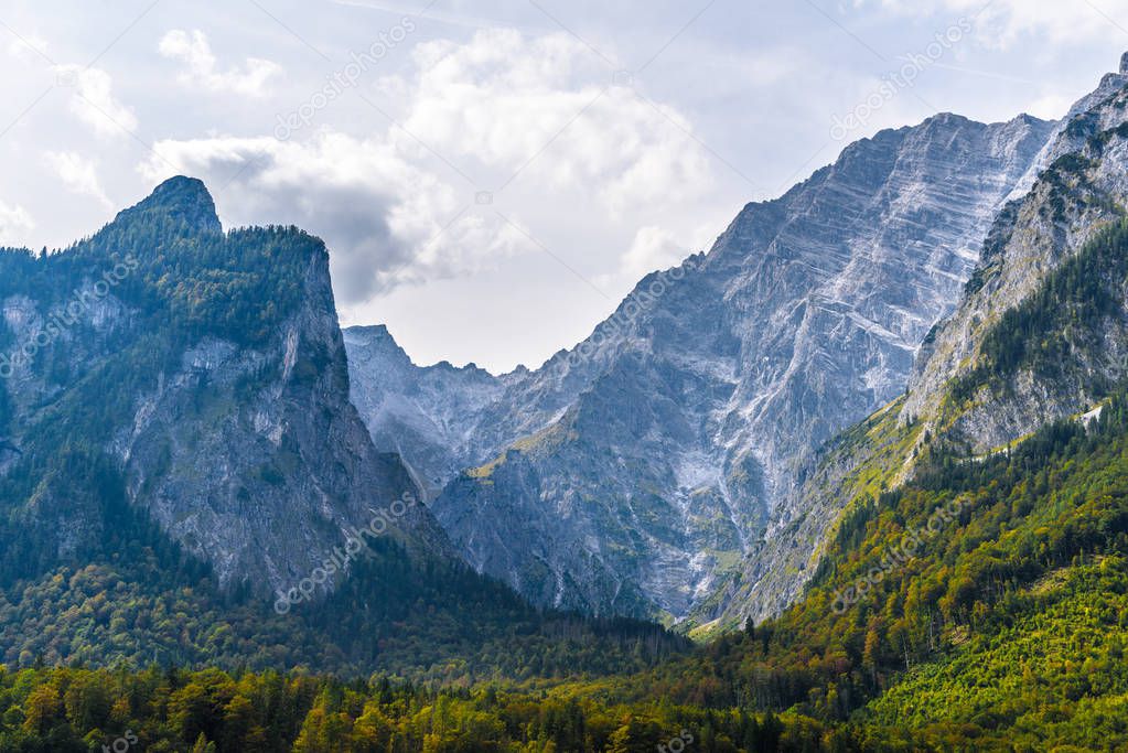 Alps mountains covered with forest, Koenigssee, Konigsee, Berchtesgaden National Park, Bavaria, Germany