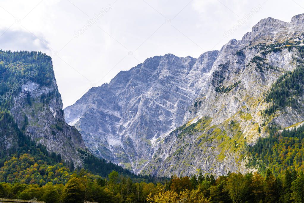 Alps mountains covered with forest, Koenigssee, Konigsee, Berchtesgaden National Park, Bavaria, Germany.