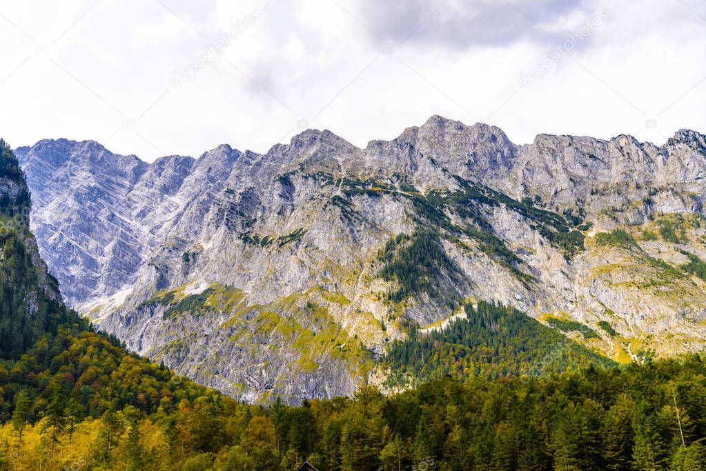 Alps mountains covered with forest, Koenigssee, Konigsee, Berchtesgaden National Park, Bavaria, Germany