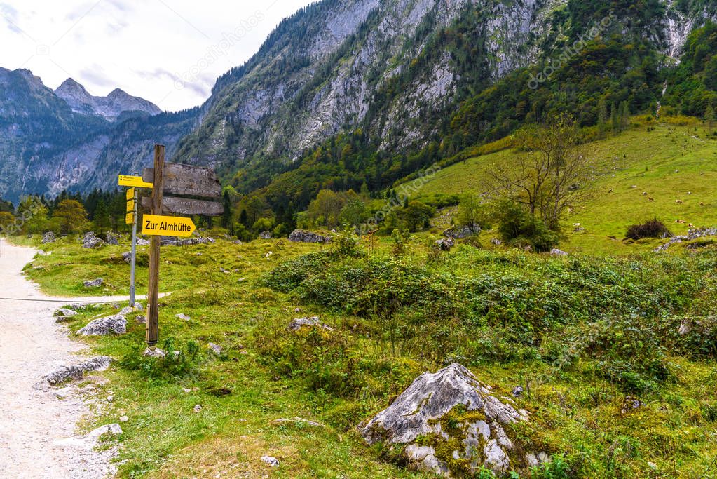Signpost pointer in mountains Koenigssee, Konigsee, Berchtesgade