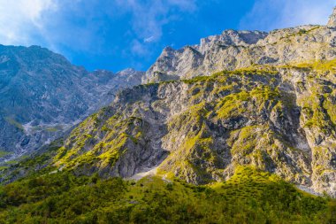 Koenigssee yakınlarındaki Alpler dağlarının vadisi, Konigsee, Berchtesgaden Ulusal Parkı, Bavyera, Almanya.