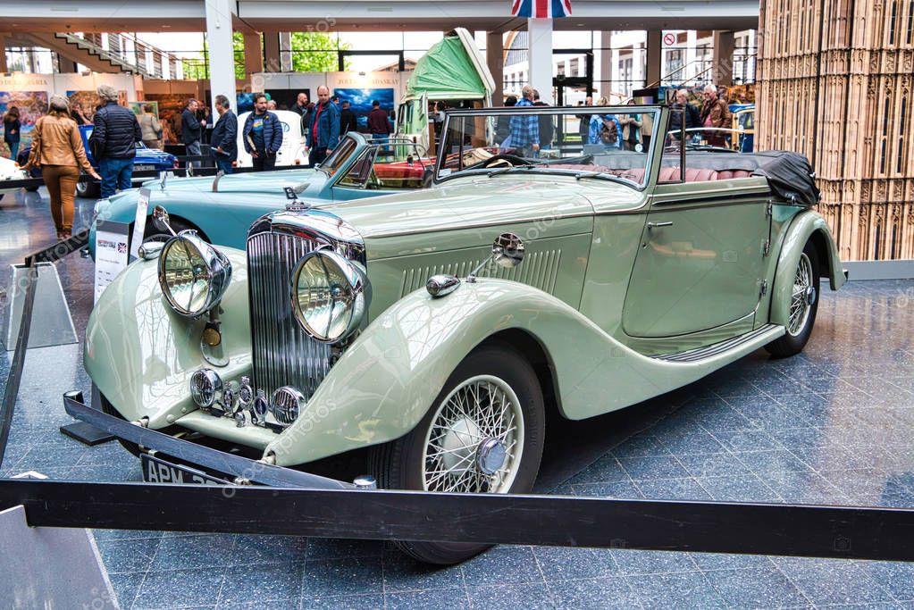 FRIEDRICHSHAFEN - MAY 2019: beige BENTLEY DERBY TOURER 1937 cabrio roadster at Motorworld Classics Bodensee on May 11, 2019 in Friedrichshafen, Germany.