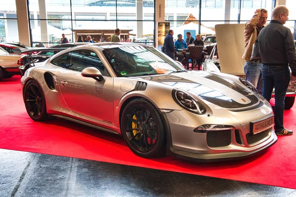 FRIEDRICHSHAFEN - MAY 2019: silver PORSCHE 911 991 GT3 RS turbo coupe at Motorworld Classics Bodensee on May 11, 2019 in Friedrichshafen, Germany — Stock Photo, Image