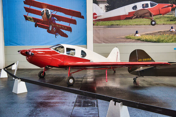 FRIEDRICHSHAFEN - MAY 2019: red plane BELLANCA CRUSAIR SENIOR 1946 at Motorworld Classics Bodensee on May 11, 2019 in Friedrichshafen, Germany