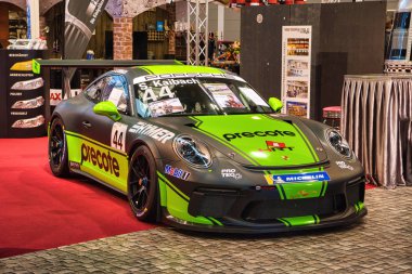 Friedrichshafen - Mayıs 2019: siyah yeşil kireç Porsche 911 991 Gt3 Rs 2018 turbo coupe Motorworld Classics Bodensee Mayıs'ta 11, 2019 Friedrichshafen, Almanya