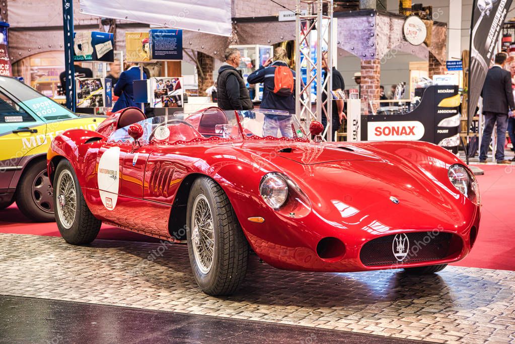 FRIEDRICHSHAFEN - MAY 2019: red MASERATI MISTRAL 300S TRIBUTE R 1966 cabrio roadster at Motorworld Classics Bodensee on May 11, 2019 in Friedrichshafen, Germany.
