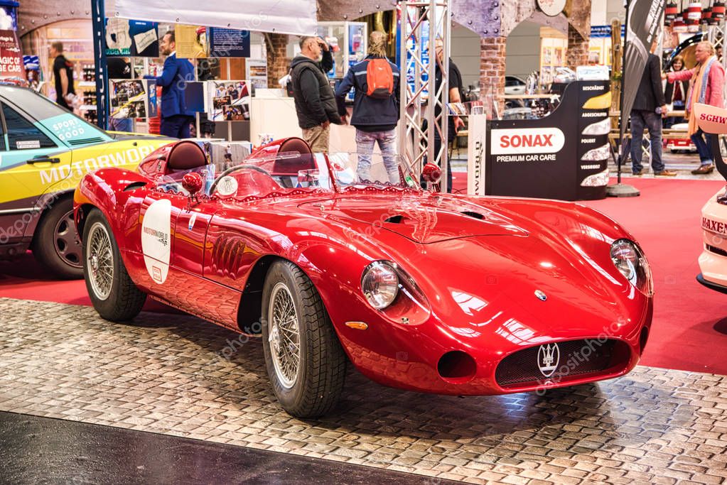 FRIEDRICHSHAFEN - MAY 2019: red MASERATI MISTRAL 300S TRIBUTE R 1966 cabrio roadster at Motorworld Classics Bodensee on May 11, 2019 in Friedrichshafen, Germany.
