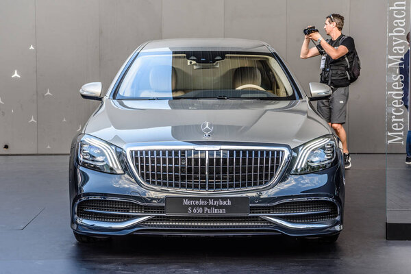 FRANKFURT, GERMANY - SEPT 2019: silver black new MERCEDES-BENZ MAYBACH S 650 PULLMAN VV 222 , IAA International Motor Show Auto Exhibtion