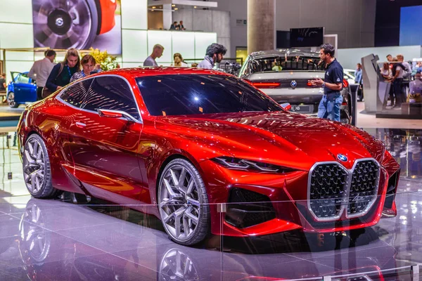 FRANKFURT, GERMANY - SEPT 2019: red BMW CONCEPT 4 M NEXT VISION electric coupe car, IAA International Motor Show Auto Exhibtion — Stock Photo, Image