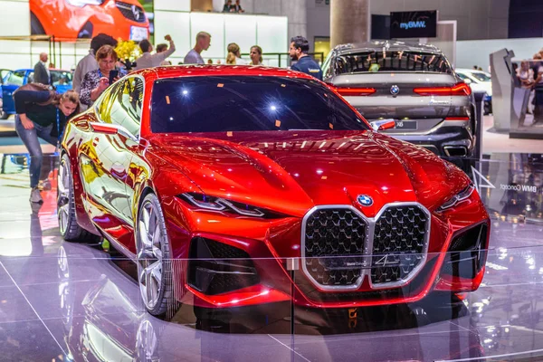 FRANKFURT, GERMANY - SEPT 2019: red BMW CONCEPT 4 M NEXT VISION electric coupe car, IAA International Motor Show Auto Exhibtion — Stock Photo, Image
