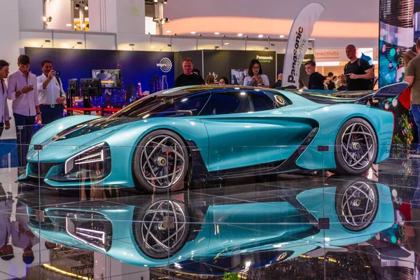 FRANKFURT, GERMANY - SEPT 2019: blue azure HONGQI S9 - electric supercar with 1400 hp from China, IAA International Motor Show Auto Exhibtion — Stock Photo, Image