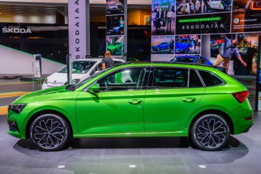 Frankfurt, Almanya - Eylül 2019: Vizyon Rs dayalı kireç yeşili Skoda Scala emlak vagon kombi aile otomobili, Iaa Uluslararası Motor Show Auto Exhibtion