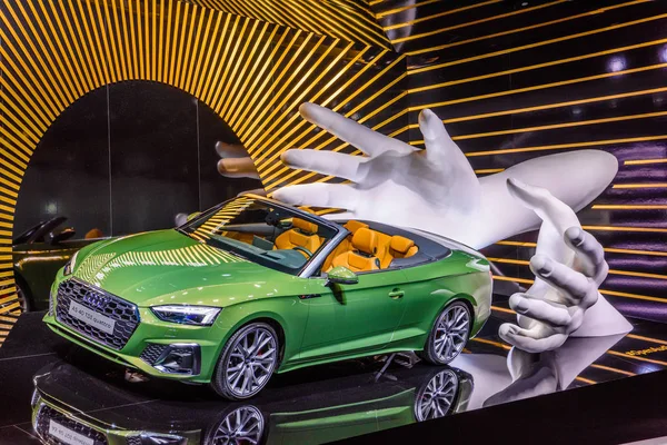 FRANKFURT, GERMANY - SEPT 2019: green AUDI A5 40 TDI QUATTRO cabrio roadster with white hands Art installation, IAA International Motor Show Auto Exhibtion — Stock Photo, Image