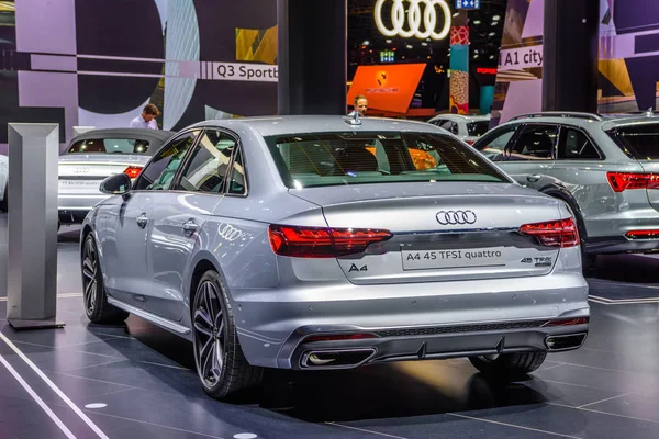 FRANKFURT, GERMANY - SEPT 2019: Silver gray AUDI A4 B9 8W 45 TFSI QUATTRO sedan, IAA International Motor Show Auto Exhibtion — стоковое фото