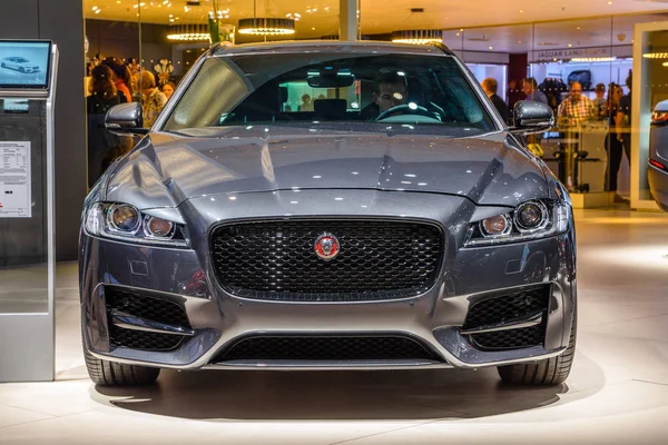 FRANKFURT, GERMANY - SEPT 2019: silver gray JAGUAR XF sedan, IAA International Motor Show Auto Exhibtion — Stock Photo, Image