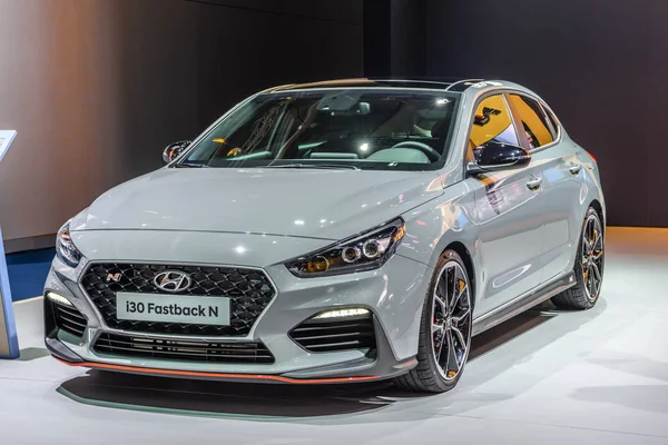 FRANKFURT, GERMANY - SEPT 2019: steel gray HYUNDAI I30 FASTBACK N hatchback, IAA International Motor Show Auto Exhibtion — Stock Photo, Image